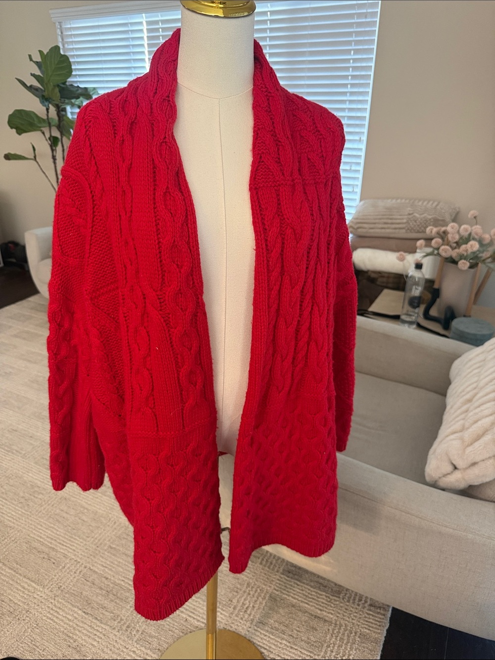 Zara Bright Red Cable-Knit Open Cardigan